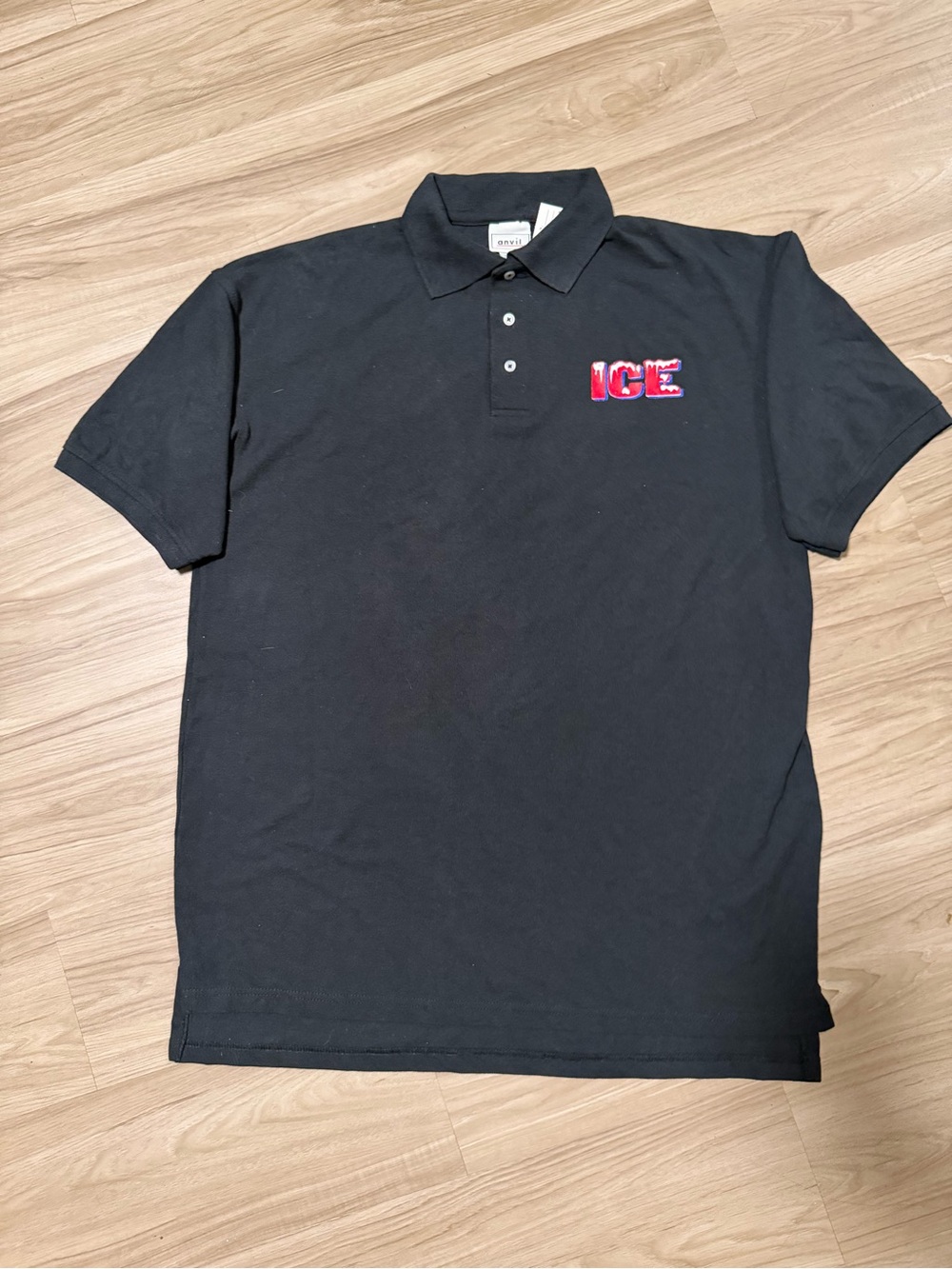 Vintage Y2K Anvil Black Polo Gorpcore Promo ICE Block Logo Tee Workwear